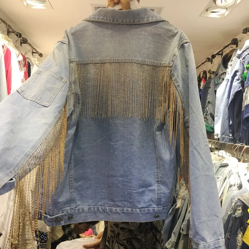

European 2019 Spring and Autumn Luxury Heavy Rhinestone Chain Fringed Wash Cowboy Coat Female Casual Denim Jacket Jeans Coat