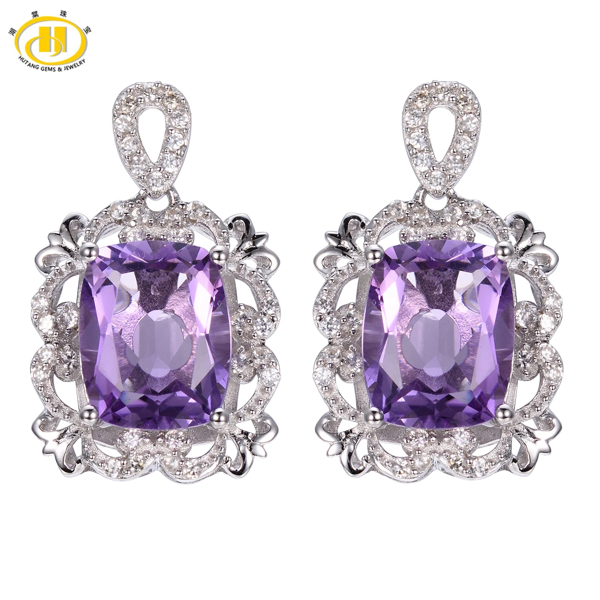 

Hutang 6.08ct Amethyst Vintage Style Earrings Solid 925 Sterling Silver Earring Fine Natural Gemstone Jewelry Women's Gift Party