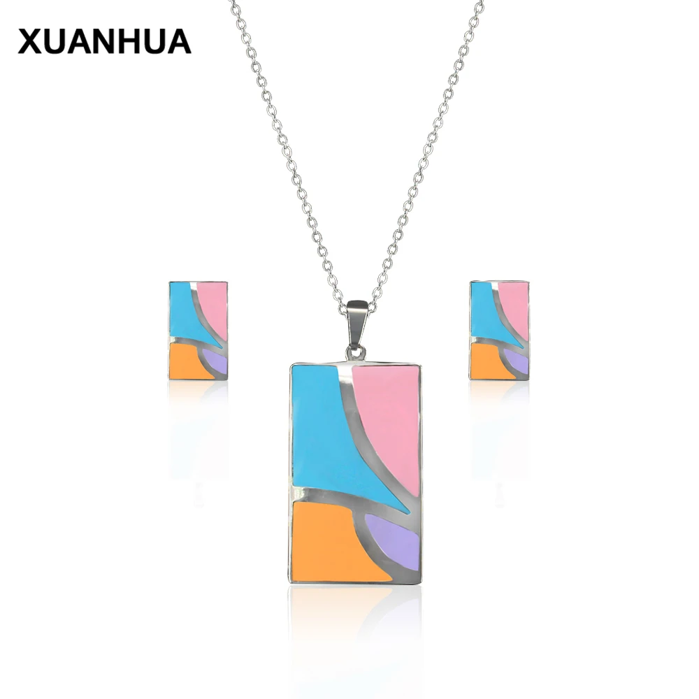 Titanium stainless steel Jewelry Sets Accessories Jewellery rectangle Earrings chain necklace set For Women | Украшения и