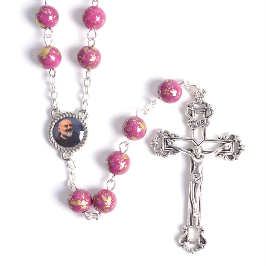 

Trendy Religious Round Light Purple Acrylic Beads St Pio Rosary Necklace