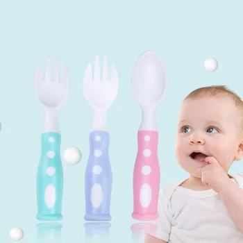 

2pcs/set Child Toddler Learning Spoons Cutlery Fork Spoon Two-tone Infant Baby Feeding Utensils