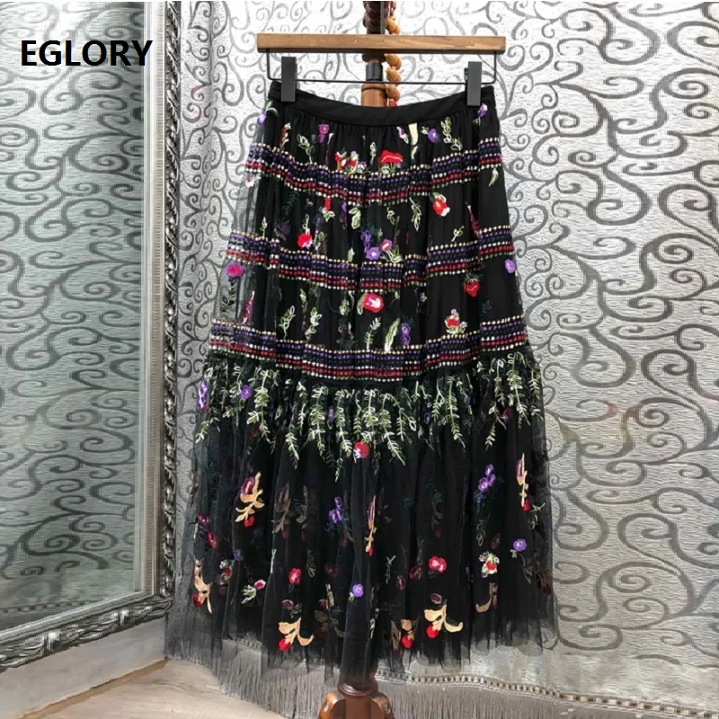 

Top Grade New Fashion Skirt 2019 Summer Evening Party Skirts Women Allover Exquisite Embroidery Mid-Calf Length Vintage Skirt
