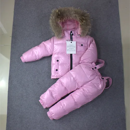 Russian winter children's clothing fashion shiny jackets for girls child coat boys winter jacket+ pant waterproof snow wear - Цвет: pink
