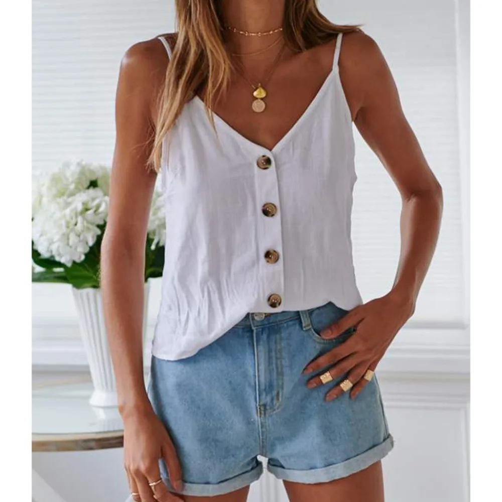 

Women Button Sleeveless Solid Top Vest Tank Shirt Blouse Tops Tank Tops Vest Solid Color For Ladies Sleeveless