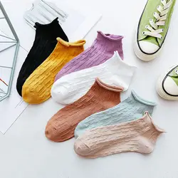 Японские Женские хлопковые носки, модные однотонные милые женские носки с оборками, женские повседневные короткие винтажные