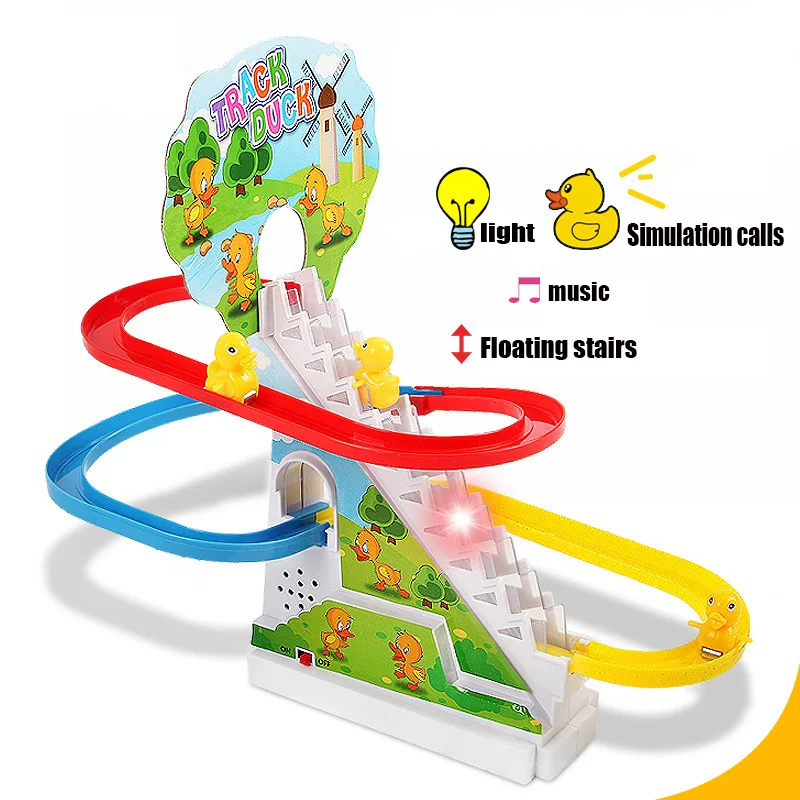 

Diecast Duck Racing Rail Track Ladder Car Toy Electric Flashing Light Music Track Duck Simulation Toys for Chilrdren Boy Gril
