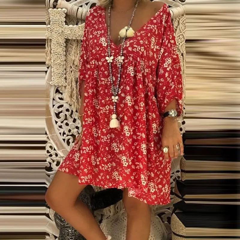 

Summer Floral Dress Women Large Size Blue Sweet Holiday Ladies Loose Red Chic Printed Boho Oversize Beach Casual Short Dresses