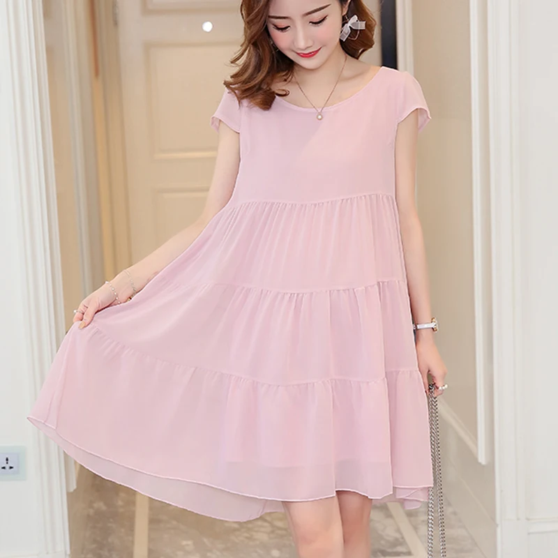 

spring Women Dress 2019 Summer casual solid color pink Chiffon Dress Boho Style Short sleeve Party Beach Dresses Vestidos 66A3
