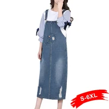 Женские рваные длинные джинсовые юбки на подтяжках размера плюс, 4Xl, 5Xl, уличная одежда, Джинсовая юбка на подтяжках