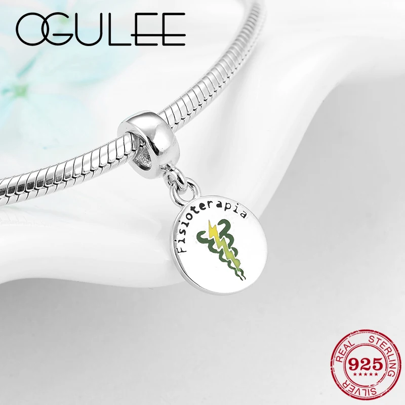 

New 925 Sterling Silver Fisioterapia Sign Pendants Round shape charms Beads Fit Original Pandora Charm Bracelet Jewelry making
