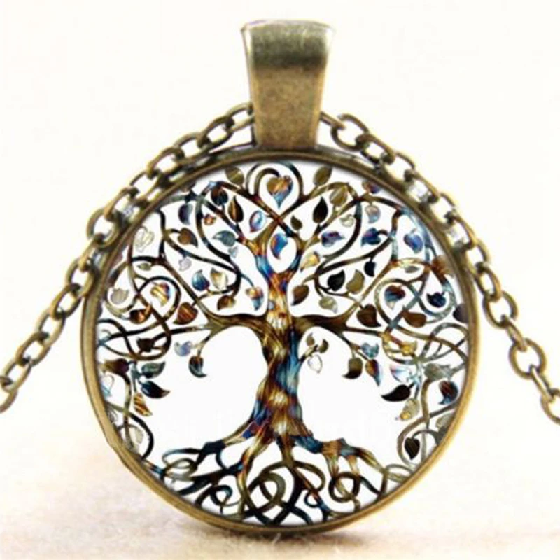 Retro Men Women Art Magnifying Glass Cabochon Tree of Life Pendant Bronze Sweater Chain Necklace Statement Jewelry Shellhard