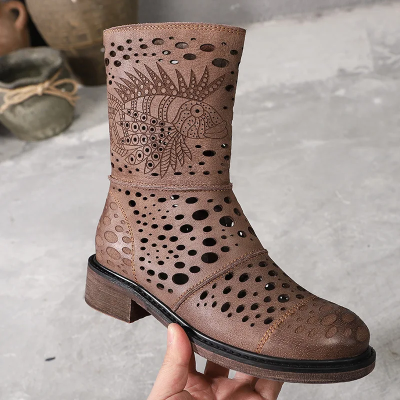 Женские ботинки с вырезами Fretwork зеленые удобные до середины икры на блочном