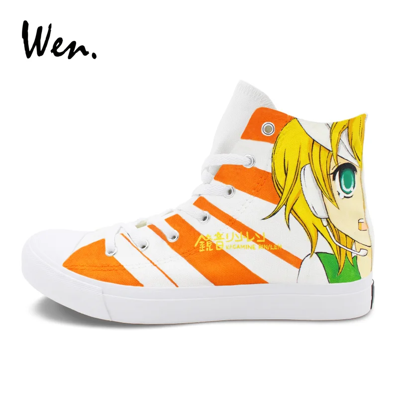 Wen Anime Shoes Hand Painted VOCALOID Kagamine Rin Ren Man Woman Cosplay Shoes Top High Canvas Sneakers Espadrilles Flat Trainer