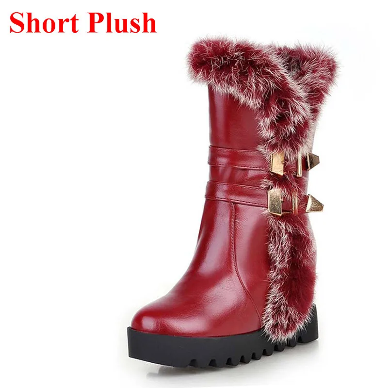 ENMAYLA/новые женские теплые полусапожки на меху ботинки с пряжкой и круглым носком мотоботы зимние сапоги до середины икры на молнии - Цвет: Red with fur
