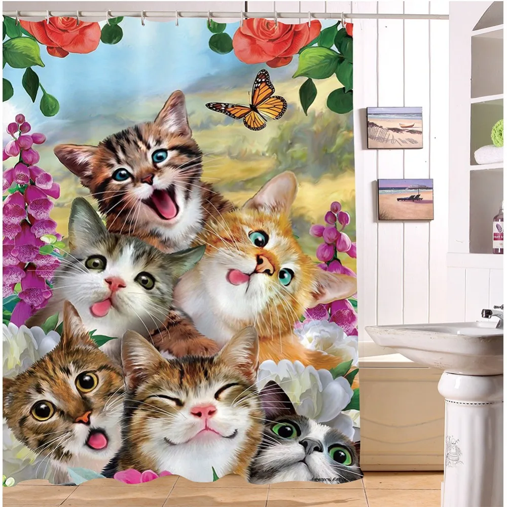 LB 180*180 12 Hooks Waterproof Cute Funny Cats Flower Butterfly Shower