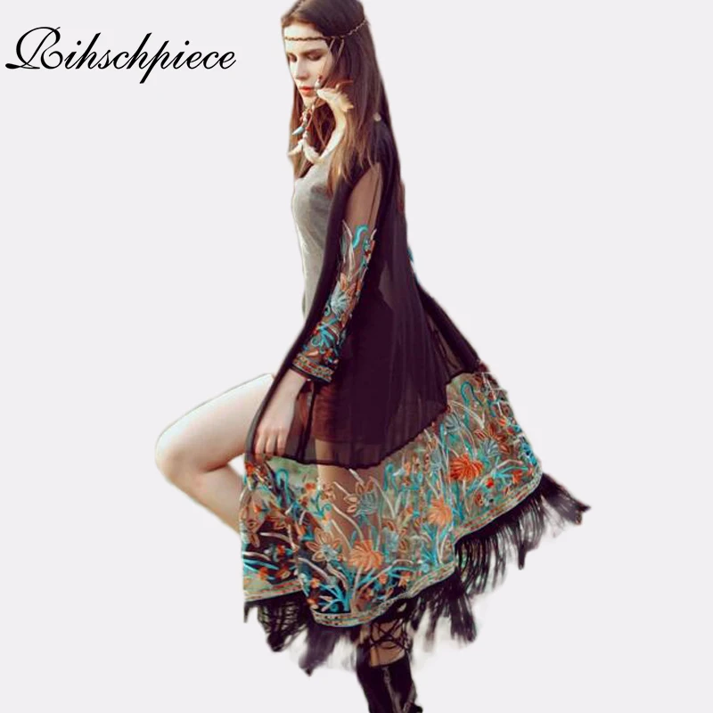 

Rihschpiece Summer Women Blouses Kimono Cardigan Boho Vintage Chiffon Blouse Floral Embroidery top Crochet Clothing RZF1046