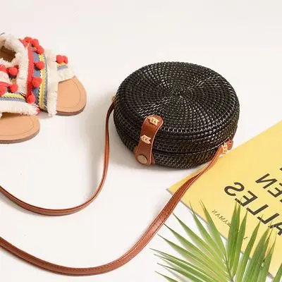 Ручные тканые сумки с круглой пряжкой, соломенные сумки из ротанга, ранец в богемном стиле, Пляжная круглая сумка - Цвет: yuanhu18x8