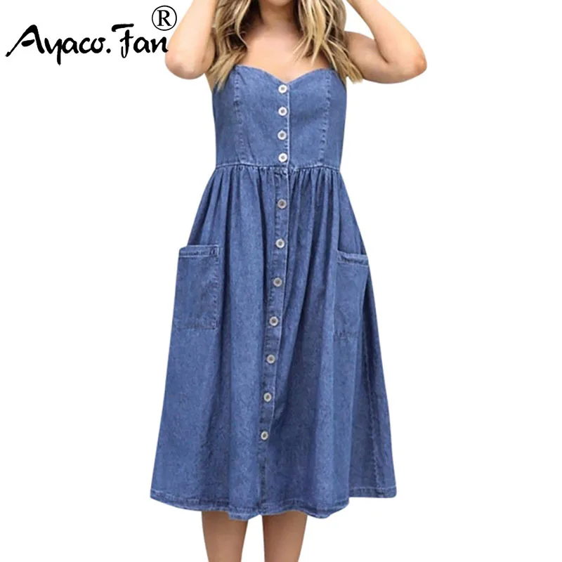 

Women Holiday Spaghetti Strap Button with Pockets Denim Dress Summer New Sexy Backless Beach Midi Pleated Dresses Lady Sundress