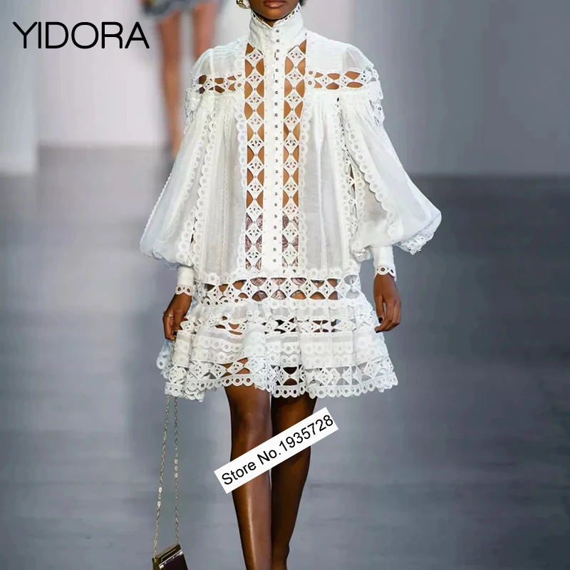 

Stylish Embroidered Lace Patchwork Puff Sleeve Dress Matching With Slip - 2019 Spring & Summer New Women Runway Fashion Show