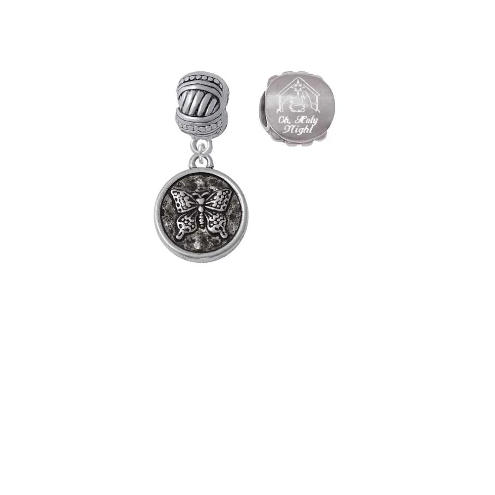 Silvertone Antiqued Round Seal - Butterfly Come Let us Adore Him Charm Beads (Set of 2)