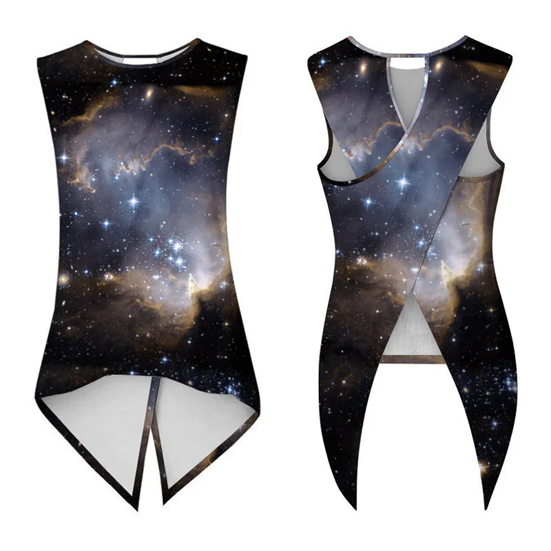 Для женщин майки Лето Нерегулярные темно-Galaxy пространство 3D печати Танк пикантные Клубные футболки без рукавов с открытой спиной повседневные футболки укороченные топы