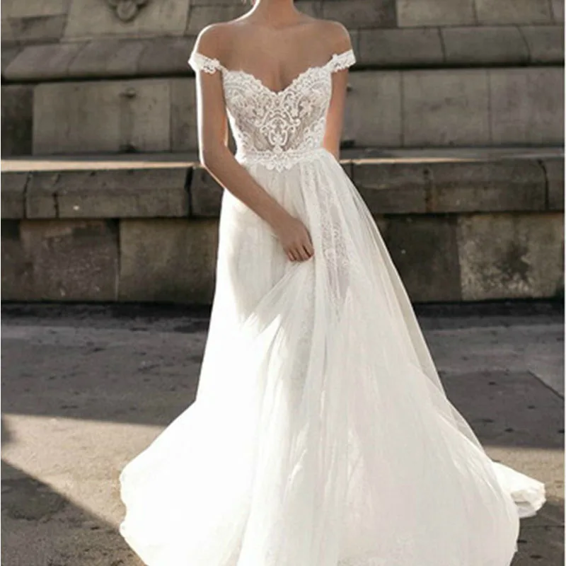 2019 A Line V neck Backless Off the Shoulder Appliqued