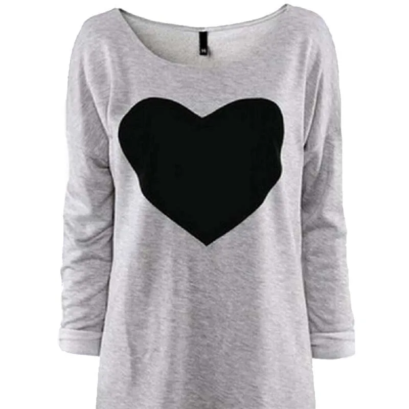 

CUHAKCI Long Sleeve T-shirt Print Heart Tops Gray T shirt Women Sweatshirt Female Plus Sizes Tops Tee Autumn Clothing