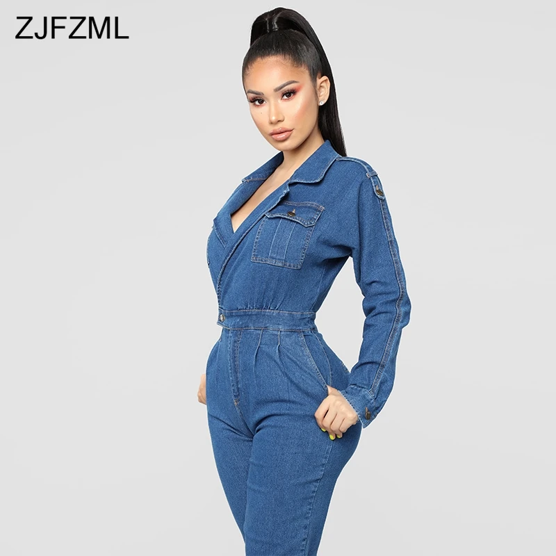 Turn-Down Collar Sexy Denim Jumpsuit 2018 Women Blue Deep V Neck Long Sleeve One Piece Overall Vintage Ladies Pockets Bodysuits 