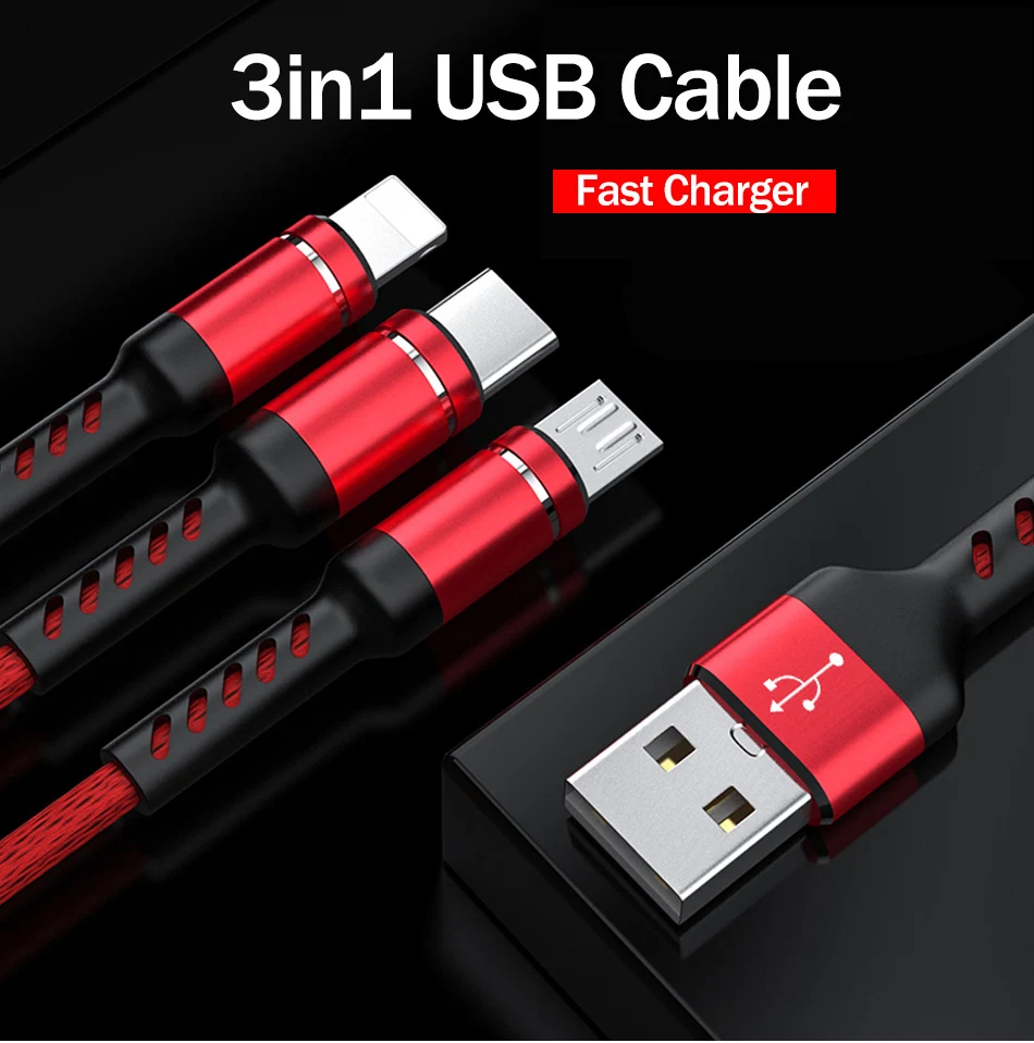 Usb-кабель YKZ для быстрой зарядки 3А 3 в 1 кабель для мобильного телефона для зарядки Microusb type C для samsung Xiaomi кабель для iOS 12