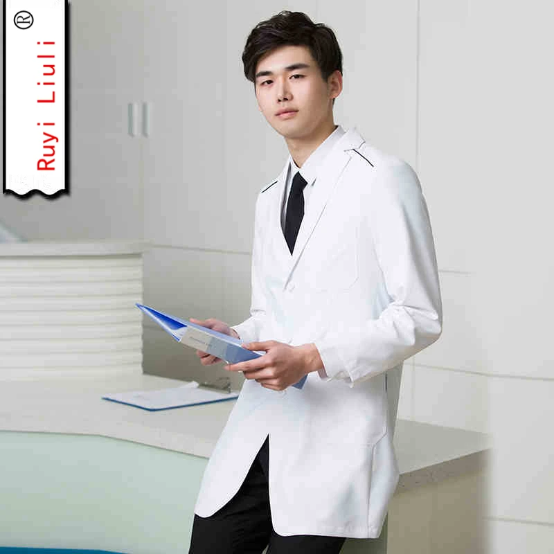 

New fashionable slim men doctors wear white coats and long sleeves plastic surgeons' overalls operating coat surgical gown