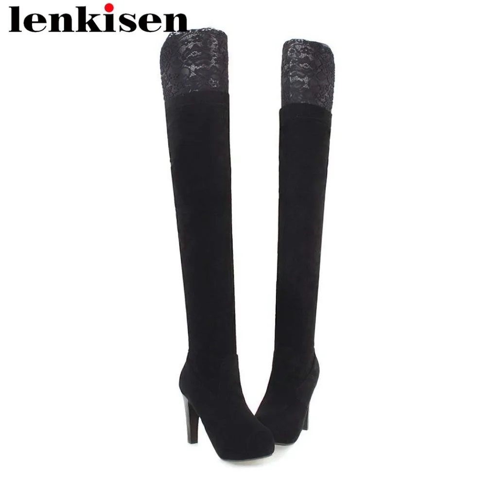 

Lenkisen round toe super high heels flock big size solid high fashion platform streetwear hot girl women over-the-knee boots L13