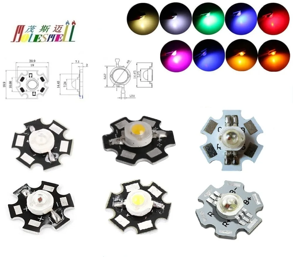 

10x High Power LED 3W Red Yellow Blue Green White Orange Purple Pink Warm white RGB LED With Heat Sink Aluminum Base Plate PCB