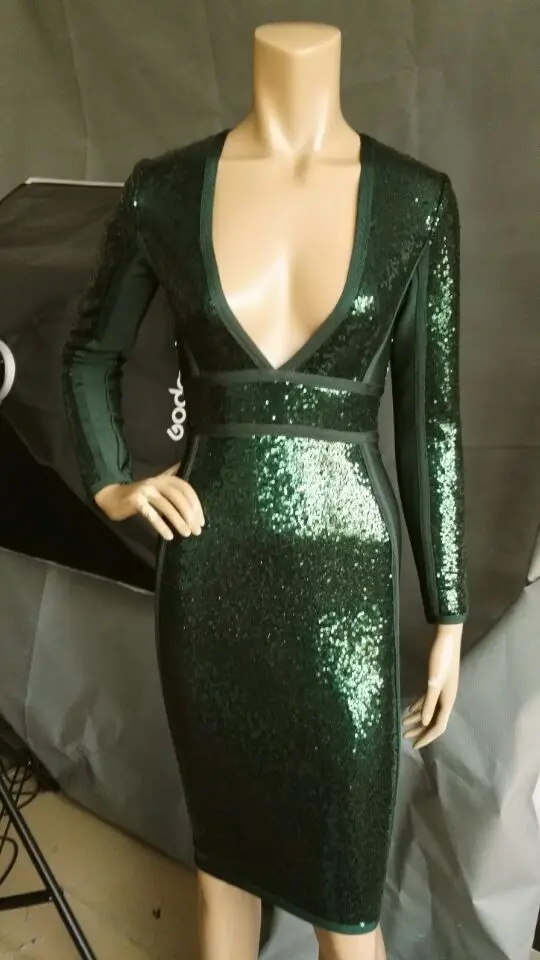 Женское сексуальное платье с длинным рукавом, глубоким v-образным вырезом, зеленые Элегантные Блестки, зимние Лоскутные вечерние платья знаменитостей, Vestidos Клубная одежда