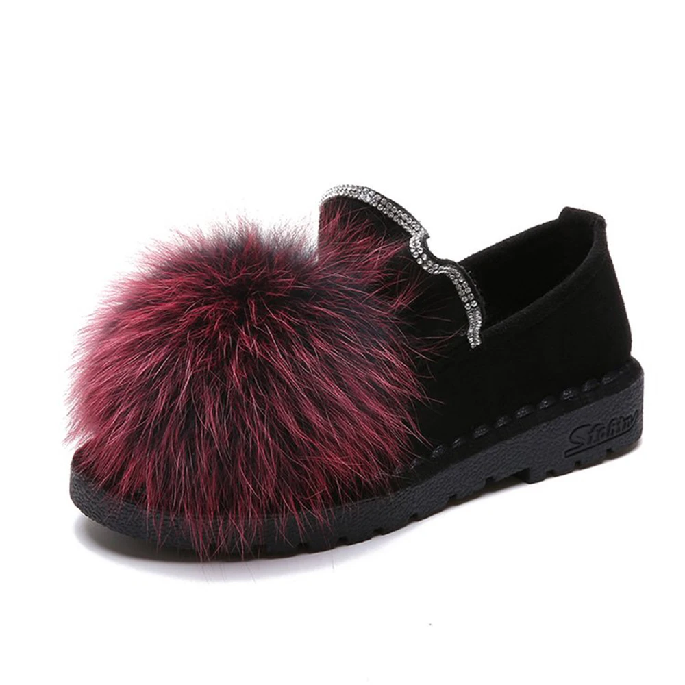 Winter Women Flats Fashion Pom Pom Fur Slip On Loafers Ruffle Fuzzy