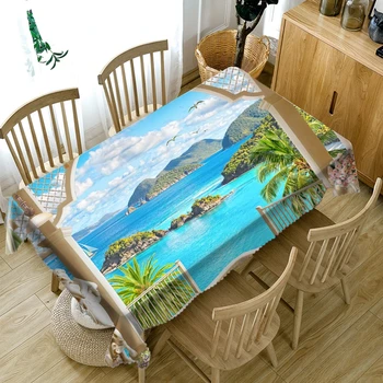 

Seascape Pattern Thicken Cotton Tablecloth 3d Sea View Wooden House Dustproof Washable Cloth Rectangular and Round Table Cloth