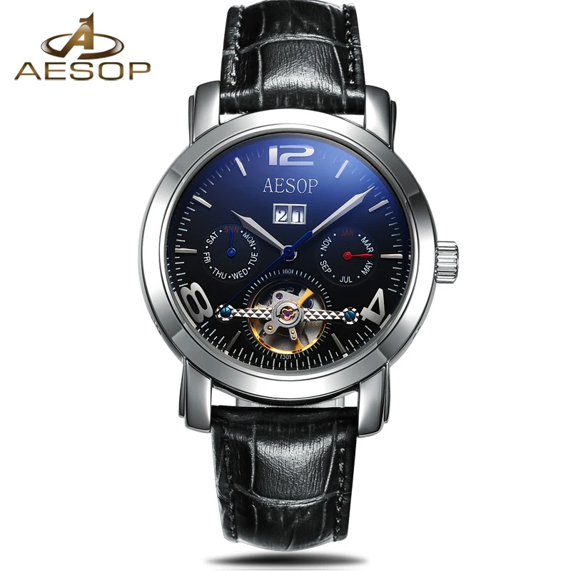 

AESOP Skeleton Tourbillon Mechanical Watch Men's Business Casual Waterproof Automatic Clock Men's Leather & Stainless Steel Band