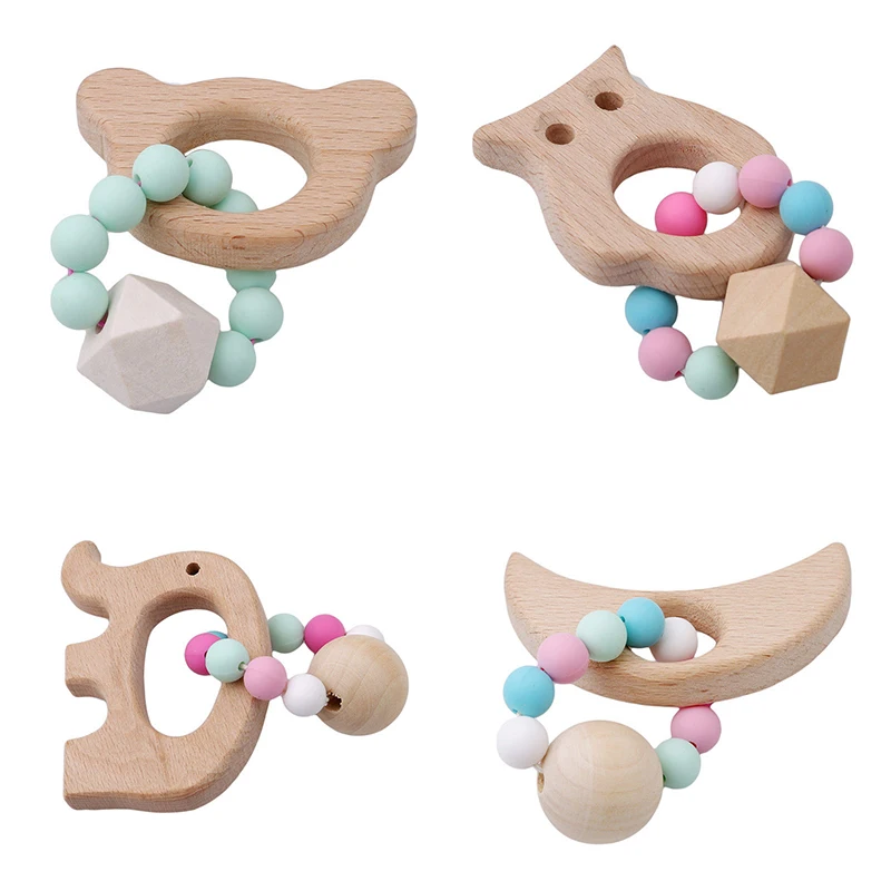 

Baby Teething Bracelet Toy Small Animal Shaped Jewelry Teether For Baby Organic Beech Wood Silicone Beads Baby Rattle Stroller