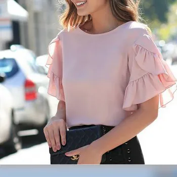 

Summer Hot Blouse Womens Fashion Ruffles Short Sleeve O-Neck Solid Color Chffion Blouse Tops Casual Loose Blouse
