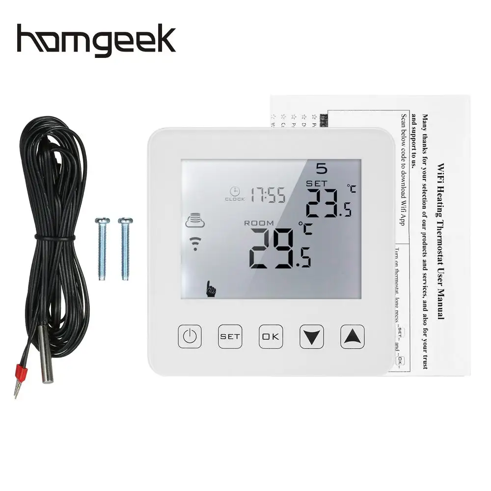 

Homgeek 16A Programmable Electric Heating Thermostat LCD Touchscreen White Backlight Temperature Voice Control Compatible Home