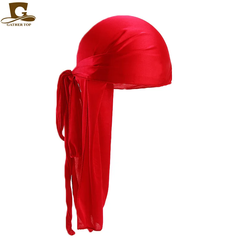 Новая мода мужские атласные дюраги Бандана тюрбан Парики мужские шелковистые дюраг головные уборы головная повязка пиратская шляпа аксессуары для волос - Цвет: Красный