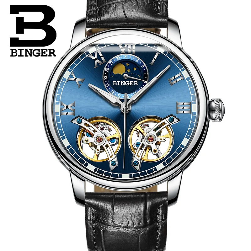 Double tourbillon Luxury Men watch Automatic mechanical Watch BINGER Famous Brand Watch Gold Case Blue Dial Double relogio - Цвет: 08