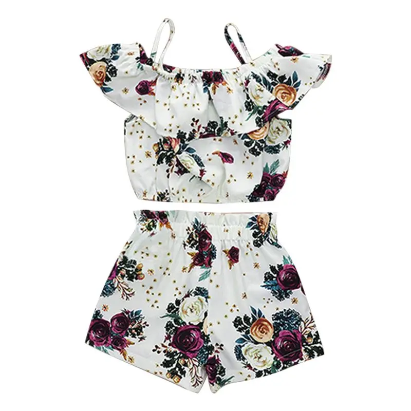 

2 Pcs/set Seaside Style Vacation Holiday Birthday Gifts Children Sling Tops Short Pants Suit Kids Girls Rose Floral Shorts Suits