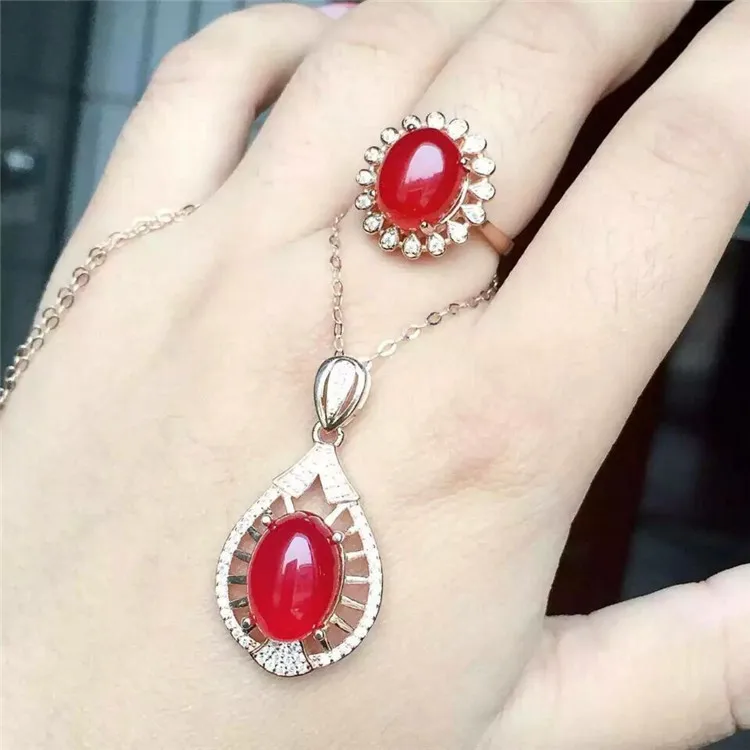 

KJJEAXCMY boutique jewels 925 Pure silver inlay natural red jade medullary ring + pendant + earring set with diamond vine flower