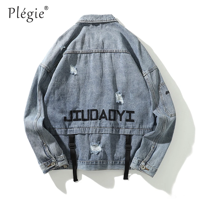 

Plegie Hole Ribbon Letter Autumn Men's Hip Hop Denim Jacket Retro Loose Streetwear Turn Down Collar 4XL Jackets Chaqueta Hombre