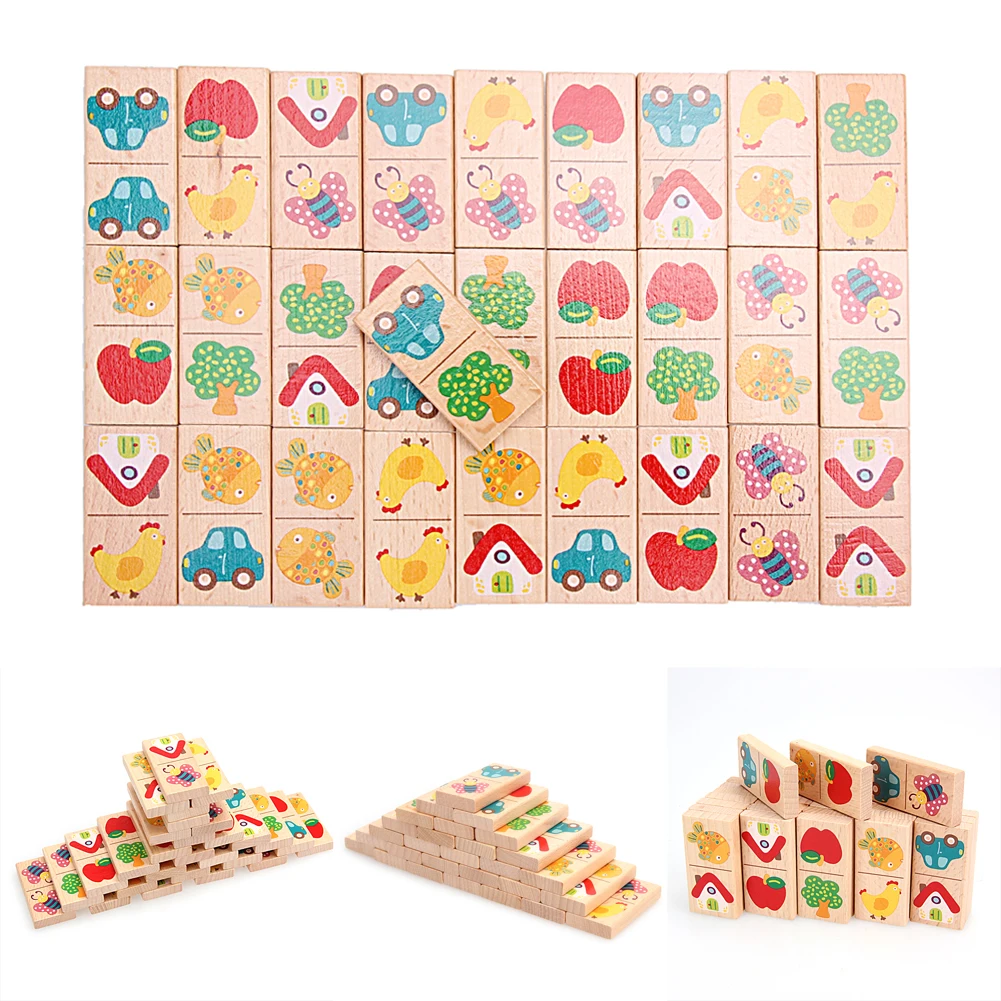 Cartoon Printed Dominoes Game Fun Block Wooden Building Blocks Board