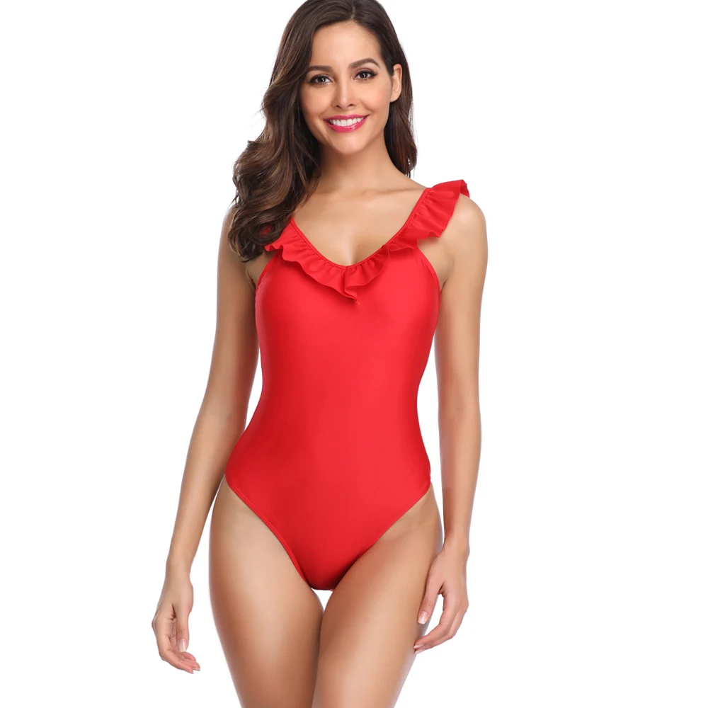 

Hot Sale Solid Lady Beachwear Sexy Women's Lotus leaf wider Shoulder Open back Explosive Bandage One-piece Swimsuit Bodysuit