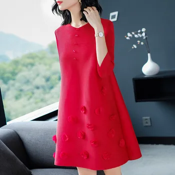 

Pleated Dress Autumn Women New European Fashion Elegant Loose Large Size a Line Dress