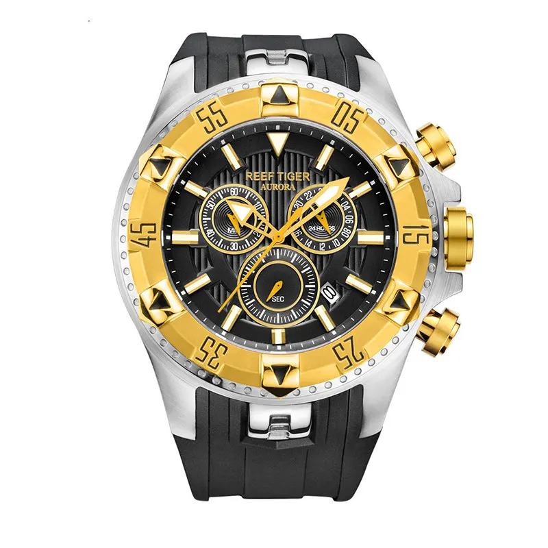 Reef Tiger/RT мужские часы кварцевые часы с хронографом и датой большой циферблат Супер Светящиеся стальные спортивные часы RGA303 - Цвет: RGA303GBB