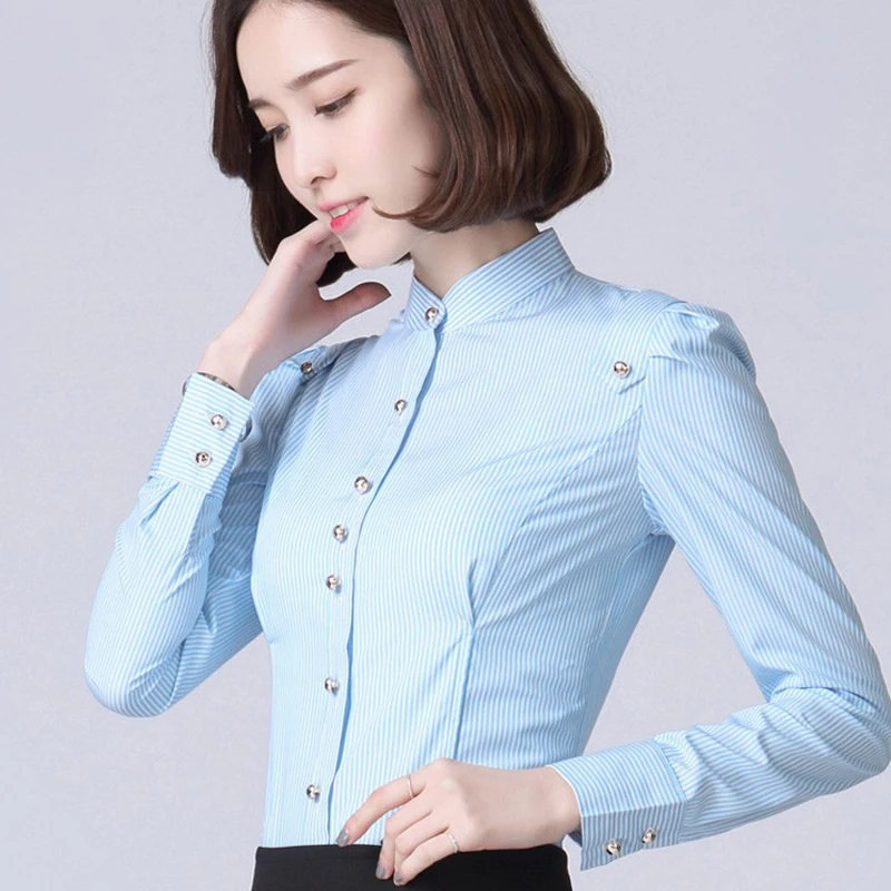 

Women Blouses 2019 New Spring Fashion Office Lady Long Sleeve Stand Collar Formal Shirts Stripe Chiffon Basic Tops Ropa Mujer