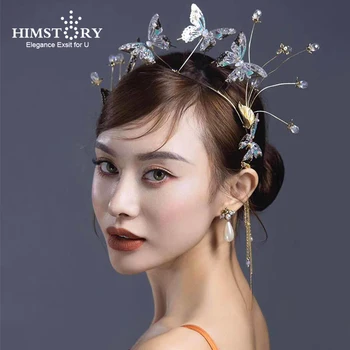 

European Blue Butterfly Wedding Hairband Handmade Crystal Brides Hair Tiara Crown Bridal Headband Accessories